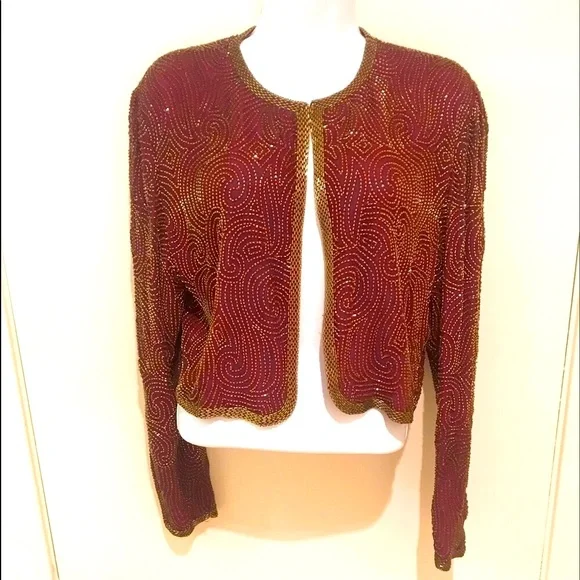 Niteline Della Roufogali SILK Wine/ Gold BEADED CROPPED EVENING JACKET! - Picture 4 of 15
